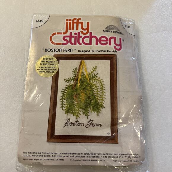 Vintage Sunset Designs Jiffy Stitchery Boston Fern Embroidery Kit #331 1975 New - Picture 1 of 3